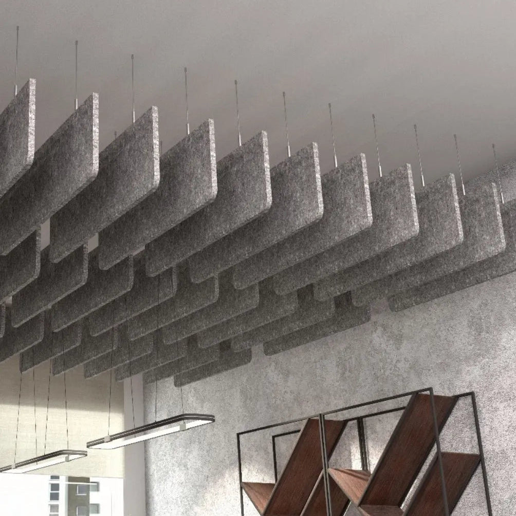 Felt Ceiling Acoustic Baffles - RECTANGLE ROUNDED grey panels in grey interior Decormania UK